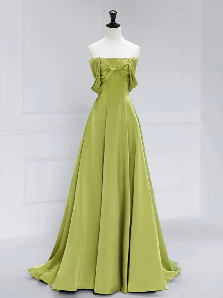 Wholesale A-Line Off Shoulder Satin Green Long Prom Dress Green Long Formal Dress gowns evening dresses